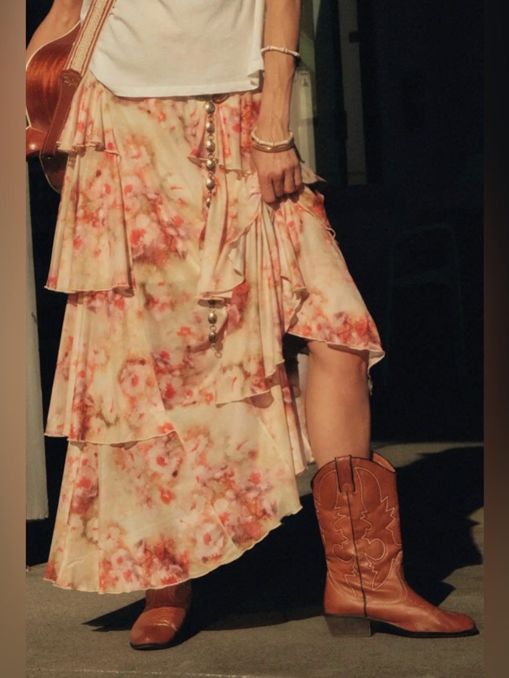 Promesa Cream and Coral Tiered High-Low Maxi Skirt